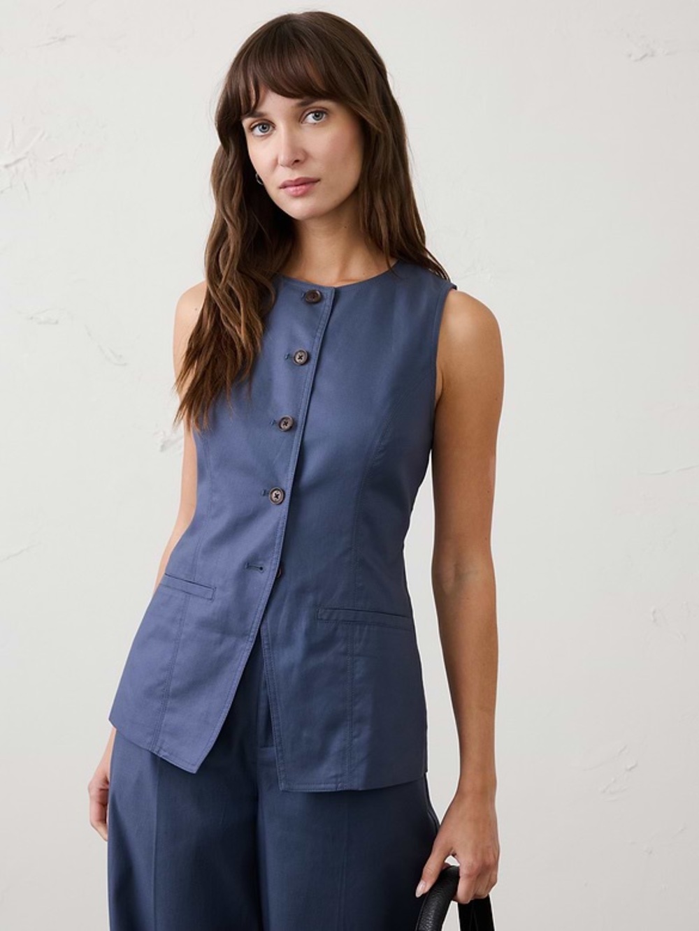 Banana Republic Blue Long Button Sleeveless Button-Front Vest sz 14 preppy work
